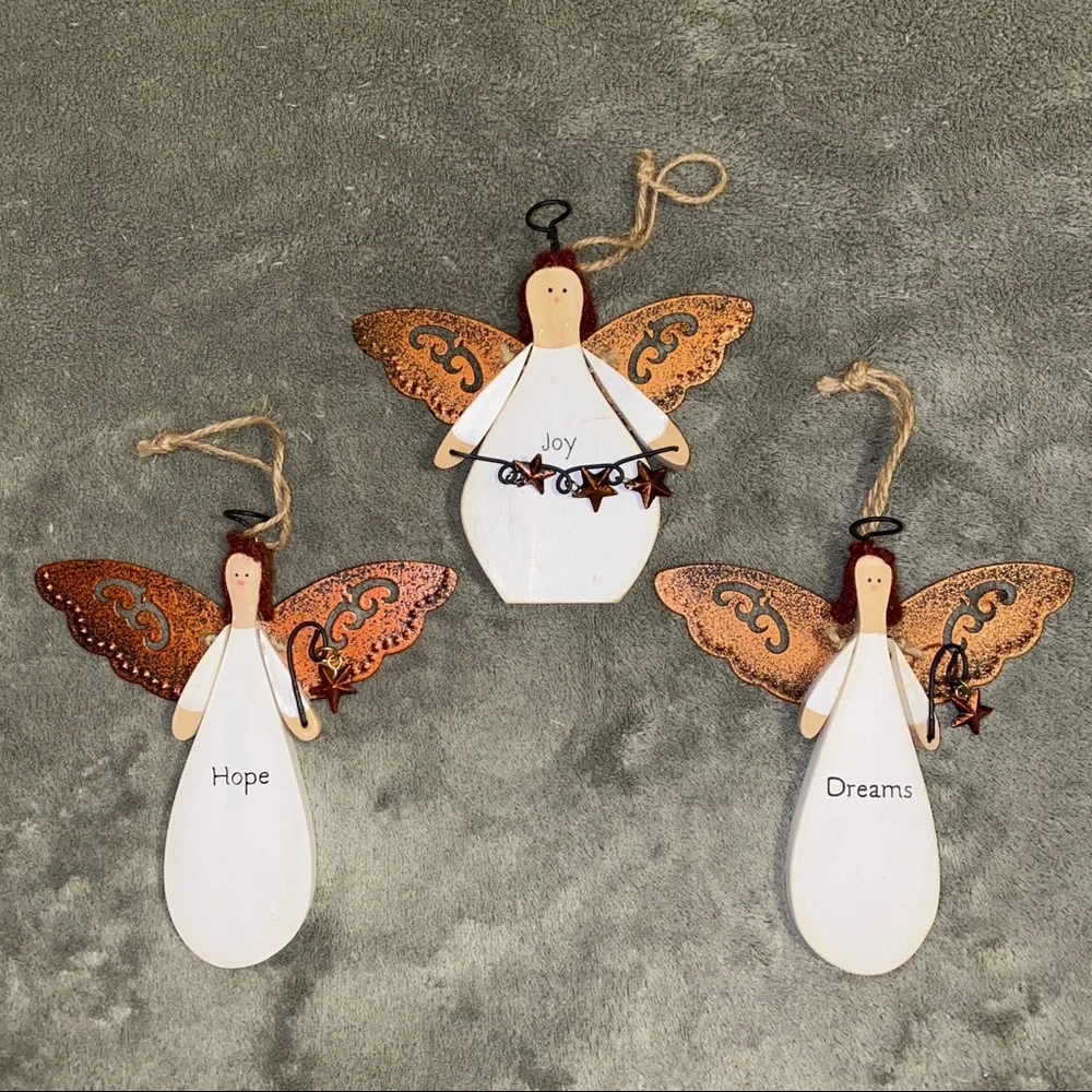 Angel Ornaments Russ Berrie Wood Metal Hope Joy Dreams Set of 3 Christmas Tree